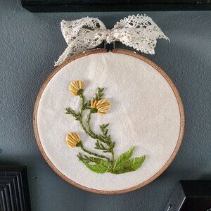 Embroidered Hoop Art, Dandelions on Muslin, 6" Stained Brown Wooden Frame, OOAK